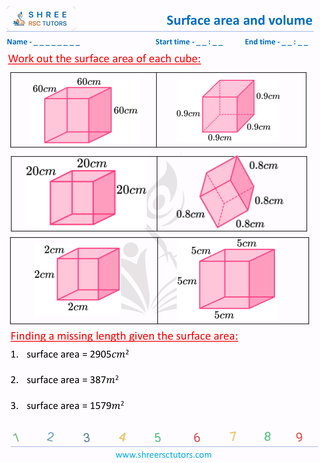 Grade 8  Maths worksheet: Surface area and volume - Surface area of Cube