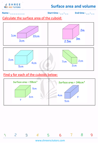 Grade 8  Maths worksheet: Surface area and volume - Surface area of Cuboid