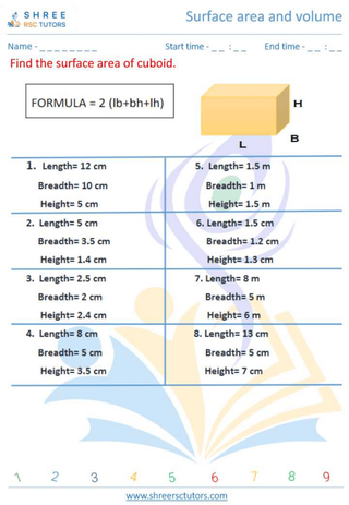 Grade 8  Maths worksheet: Surface area and volume - Surface area of Cuboid