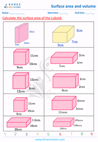 Grade 8  Maths worksheet: Surface area and volume - Surface area of Cuboid