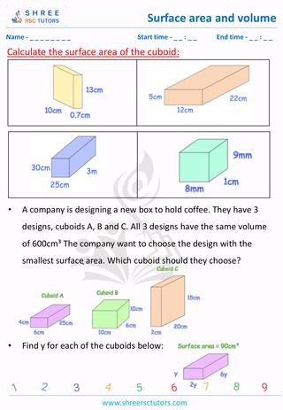 Grade 8  Maths worksheet: Surface area and volume - Surface area of Cuboid