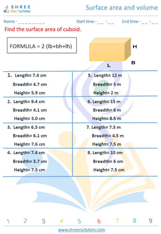 Grade 8  Maths worksheet: Surface area and volume - Surface area of Cuboid