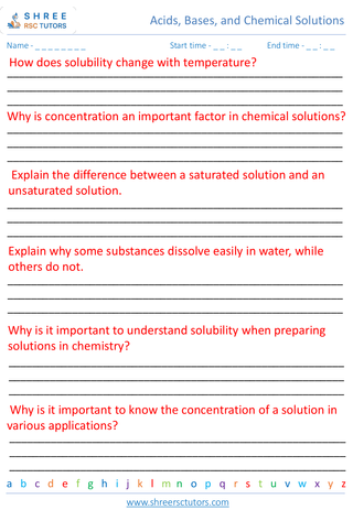 Grade 8  Science worksheet: Acids, Bases, and Chemical Solutions - Chemical solutions and concentration