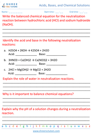 Grade 8  Science worksheet: Acids, Bases, and Chemical Solutions - Neutralization reactions and their applications