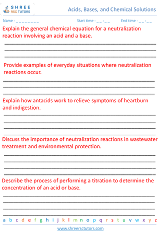 Grade 8  Science worksheet: Acids, Bases, and Chemical Solutions - Neutralization reactions and their applications