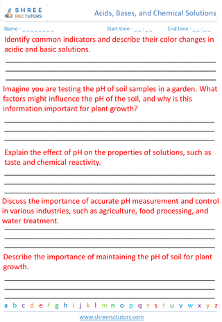 Grade 8  Science worksheet: Acids, Bases, and Chemical Solutions - PH scale and indicators