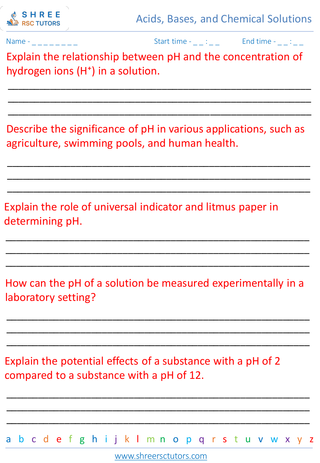 Grade 8  Science worksheet: Acids, Bases, and Chemical Solutions - PH scale and indicators