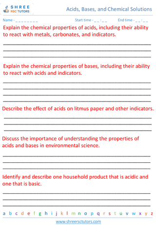 Grade 8  Science worksheet: Acids, Bases, and Chemical Solutions - Properties of acids and bases