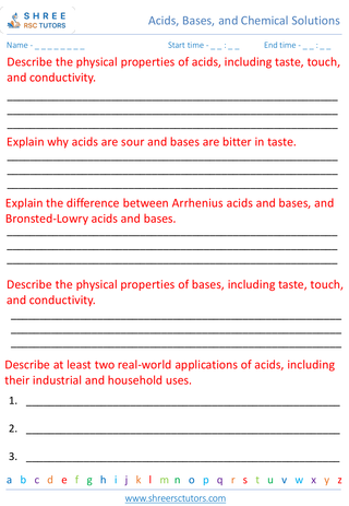 Grade 8  Science worksheet: Acids, Bases, and Chemical Solutions - Properties of acids and bases