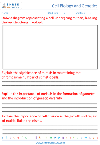 Grade 8  Science worksheet: Cell Biology and Genetic - Cell division and reproduction