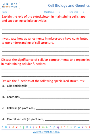 Grade 8  Science worksheet: Cell Biology and Genetic - Cell structure and function