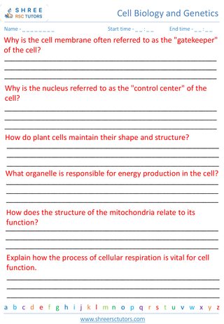 Grade 8  Science worksheet: Cell Biology and Genetic - Cell structure and function