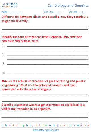 Grade 8  Science worksheet: Cell Biology and Genetic - DNA, genes, and genetic inheritance