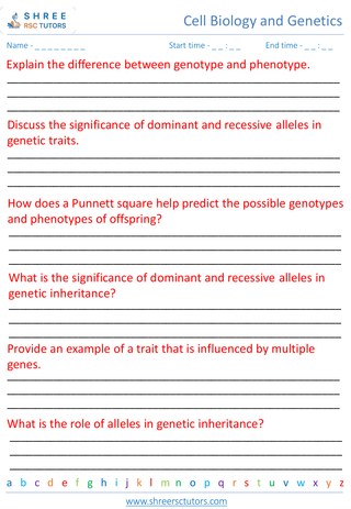 Grade 8  Science worksheet: Cell Biology and Genetic - DNA, genes, and genetic inheritance