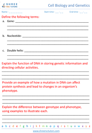 Grade 8  Science worksheet: Cell Biology and Genetic - DNA, genes, and genetic inheritance