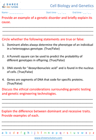 Grade 8  Science worksheet: Cell Biology and Genetic - DNA, genes, and genetic inheritance