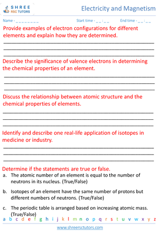 Grade 8  Science worksheet: Elements and the Periodic Table - Atomic structure and the periodic table