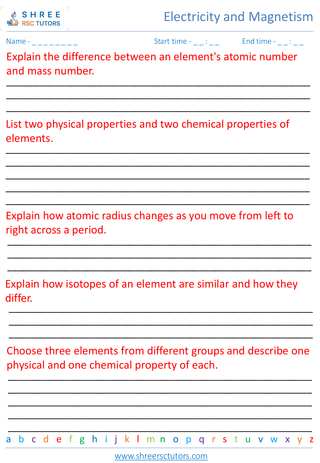 Grade 8  Science worksheet: Elements and the Periodic Table - Atomic structure and the periodic table