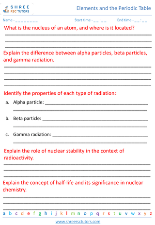 Grade 8  Science worksheet: Elements and the Periodic Table - Radioactivity and nuclear chemistry