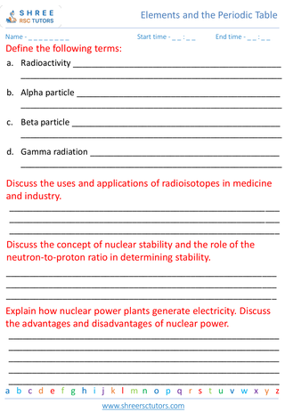 Grade 8  Science worksheet: Elements and the Periodic Table - Radioactivity and nuclear chemistry