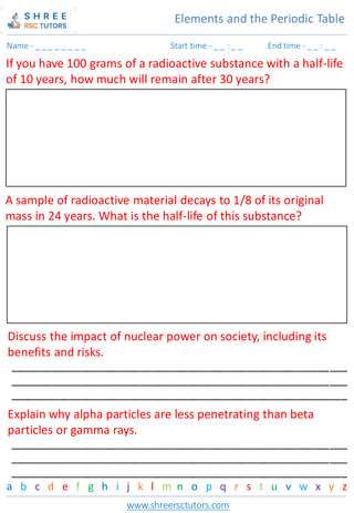 Grade 8  Science worksheet: Elements and the Periodic Table - Radioactivity and nuclear chemistry