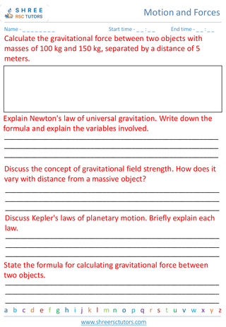 Grade 8  Science worksheet: Motion and Forces - Gravitational forces and planetary motion