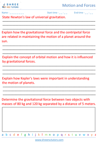 Grade 8  Science worksheet: Motion and Forces - Gravitational forces and planetary motion