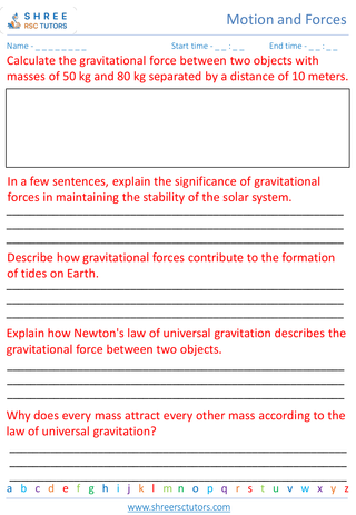 Grade 8  Science worksheet: Motion and Forces - Gravitational forces and planetary motion