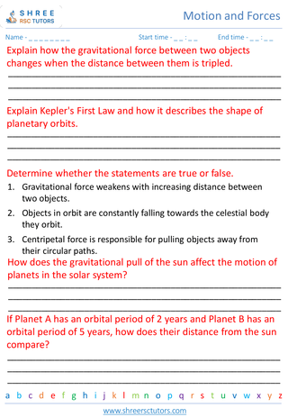 Grade 8  Science worksheet: Motion and Forces - Gravitational forces and planetary motion