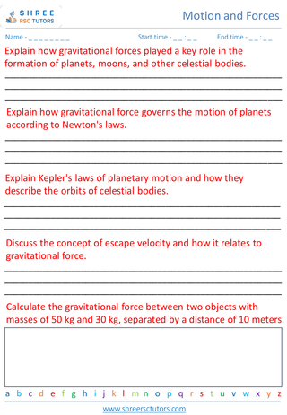 Grade 8  Science worksheet: Motion and Forces - Gravitational forces and planetary motion