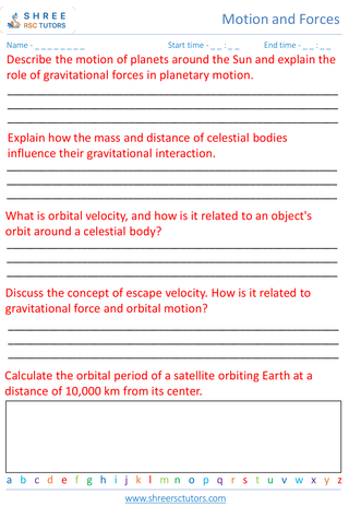 Grade 8  Science worksheet: Motion and Forces - Gravitational forces and planetary motion