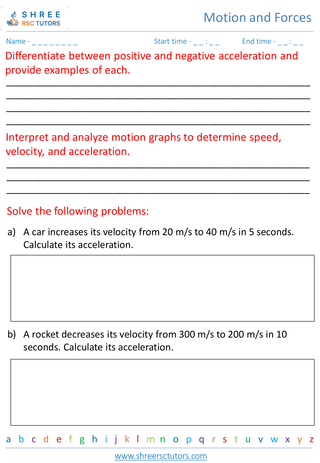 Grade 8  Science worksheet: Motion and Forces - Kinematics speed, velocity, and acceleration