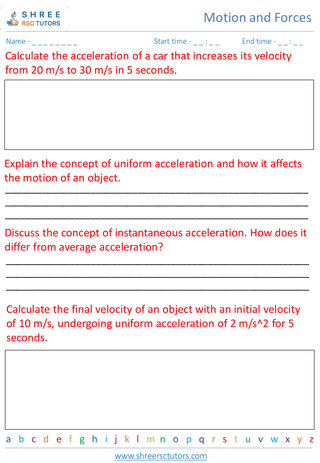 Grade 8  Science worksheet: Motion and Forces - Kinematics speed, velocity, and acceleration