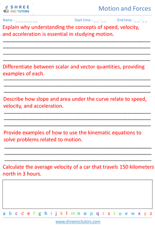 Grade 8  Science worksheet: Motion and Forces - Kinematics speed, velocity, and acceleration