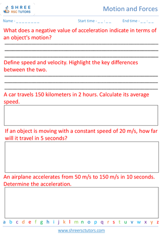 Grade 8  Science worksheet: Motion and Forces - Kinematics speed, velocity, and acceleration