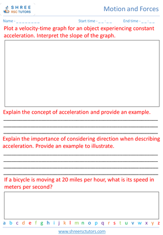 Grade 8  Science worksheet: Motion and Forces - Kinematics speed, velocity, and acceleration