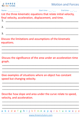 Grade 8  Science worksheet: Motion and Forces - Kinematics speed, velocity, and acceleration