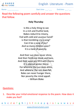 Grade 9  English worksheet: English  Literature - Poem