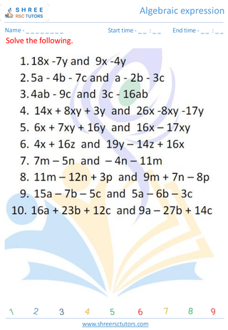 Grade 9  Maths worksheet: Algebra-2