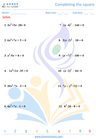 Grade 9  Maths worksheet: Perfect square completion
