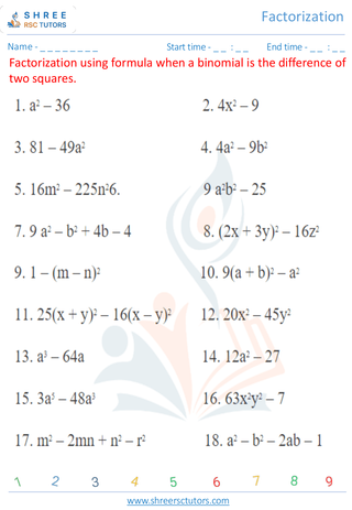 Grade 9  Maths worksheet: Quadratics factorization