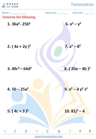 Grade 9  Maths worksheet: Quadratics factorization