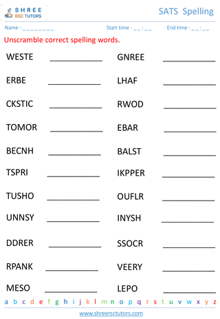 KS1 SATs  English worksheet: Spelling - Jumbled spelling words