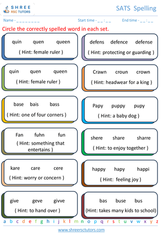 KS1 SATs  English worksheet: Spelling - Word hint