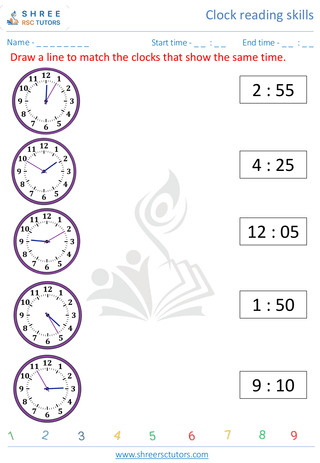 Kindergarten  Maths worksheet: Clock reading skills - Match clock with time