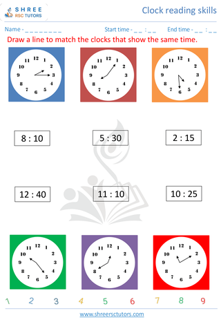 Kindergarten  Maths worksheet: Clock reading skills - Match clock with time
