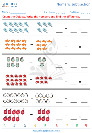 Kindergarten  Maths worksheet: Numeric subtraction - Horizontol Subtraction