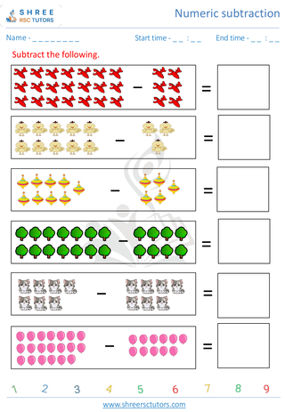 Kindergarten  Maths worksheet: Numeric subtraction - Horizontol Subtraction