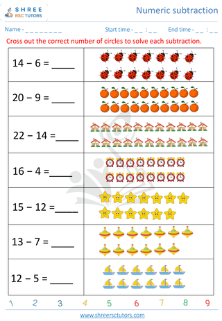 Kindergarten  Maths worksheet: Numeric subtraction - Horizontol Subtraction