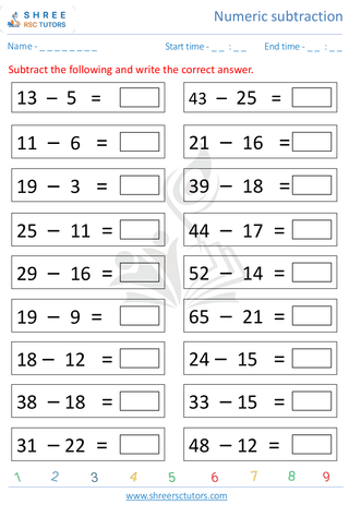 Kindergarten  Maths worksheet: Numeric subtraction - Horizontol Subtraction